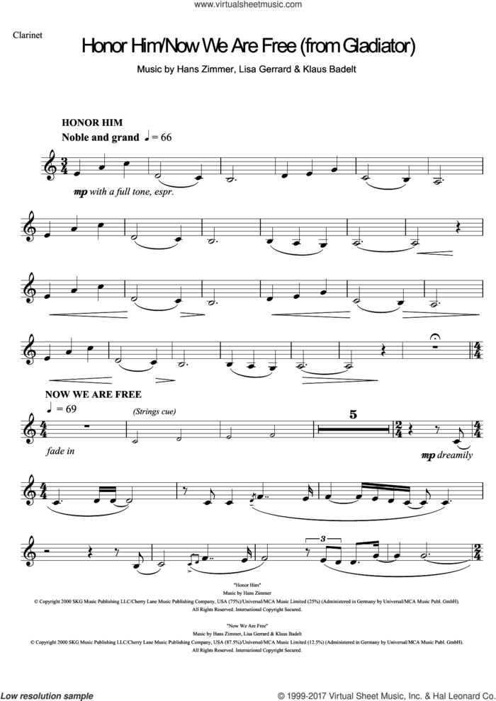 Honor Him/Now We Are Free (from Gladiator) sheet music for clarinet solo by Hans Zimmer, Klaus Badelt and Lisa Gerrard, intermediate skill level