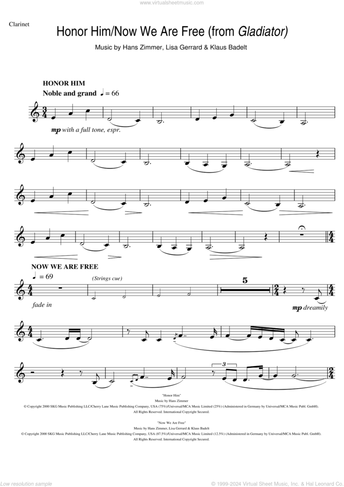 Honor Him/Now We Are Free (from Gladiator) sheet music for clarinet solo by Hans Zimmer, Klaus Badelt and Lisa Gerrard, intermediate skill level