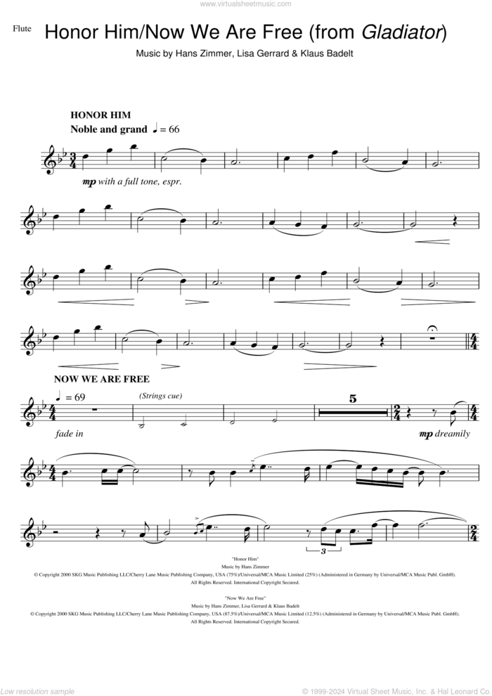 Honor Him/Now We Are Free (from Gladiator) sheet music for flute solo by Hans Zimmer, Klaus Badelt and Lisa Gerrard, intermediate skill level