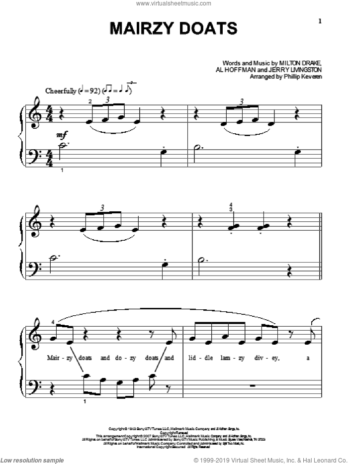 Mairzy Doats (arr. Phillip Keveren) sheet music for piano solo by Al Hoffman, Phillip Keveren, Jerry Livingston and Milton Drake, beginner skill level