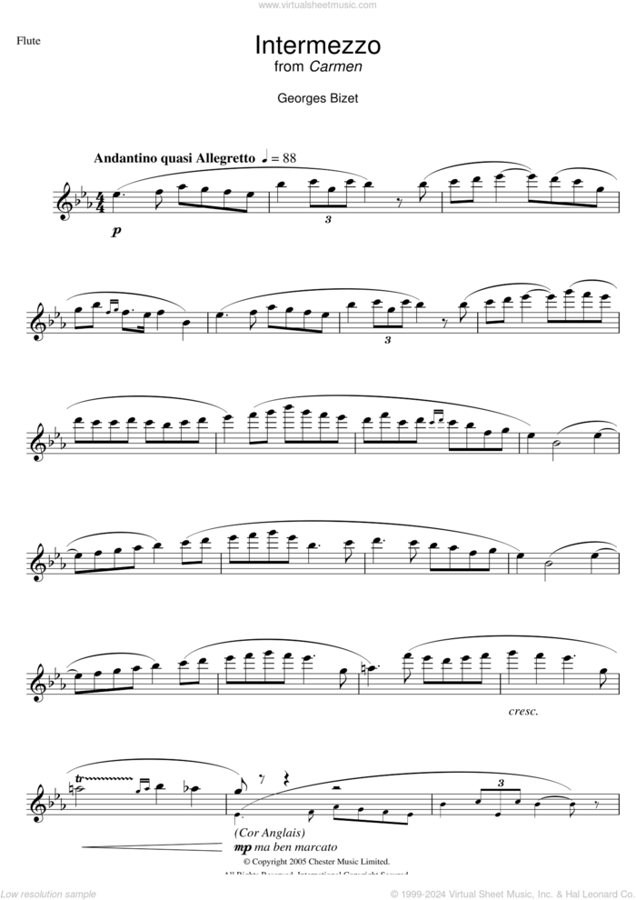 Intermezzo from Carmen Act III sheet music for flute solo by Georges Bizet, classical score, intermediate skill level