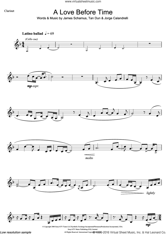 A Love Before Time sheet music for clarinet solo by Coco Lee, James Schamus, Jorge Calandrelli and Tan Dun, intermediate skill level
