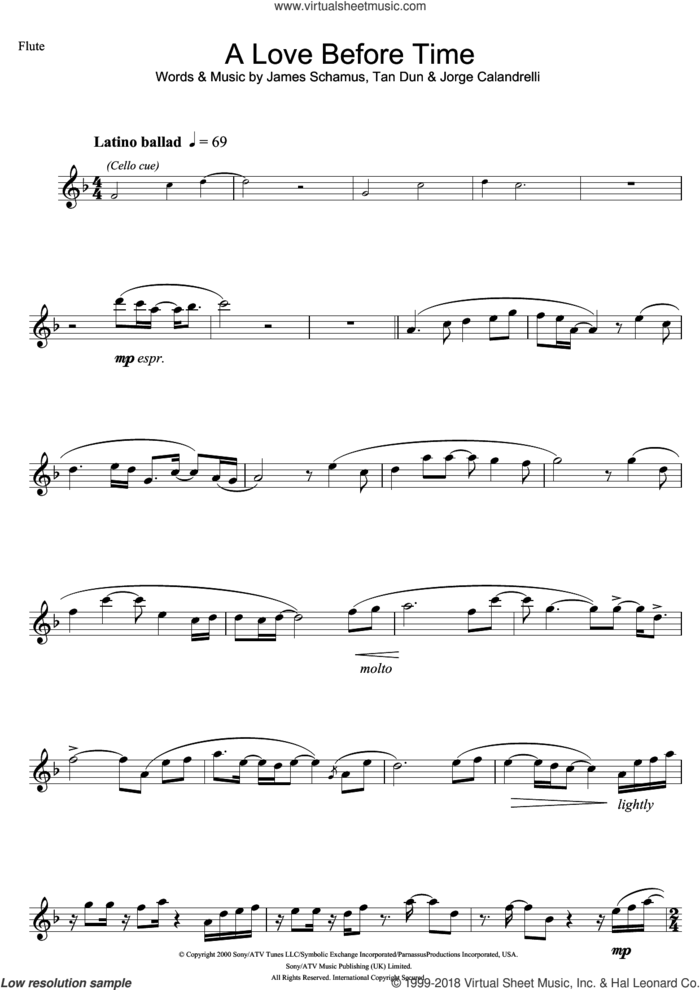A Love Before Time sheet music for flute solo by Coco Lee, James Schamus, Jorge Calandrelli and Tan Dun, intermediate skill level
