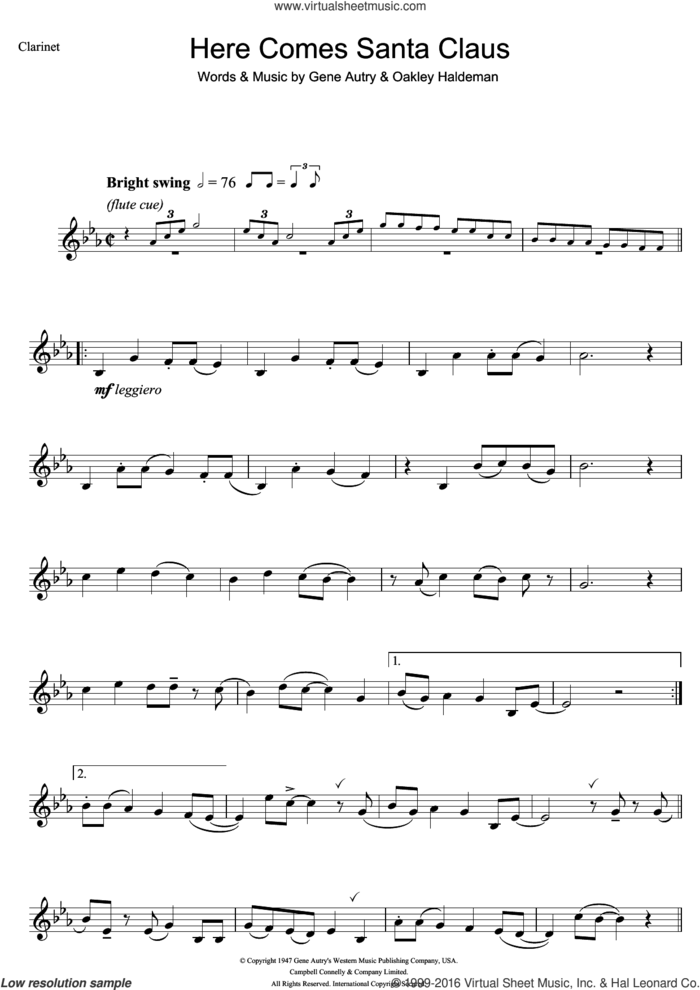 Here Comes Santa Claus (Right Down Santa Claus Lane) sheet music for clarinet solo by Gene Autry and Oakley Haldeman, intermediate skill level
