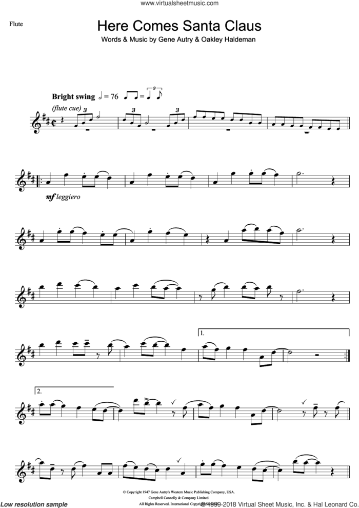 Here Comes Santa Claus (Right Down Santa Claus Lane) sheet music for flute solo by Gene Autry and Oakley Haldeman, intermediate skill level