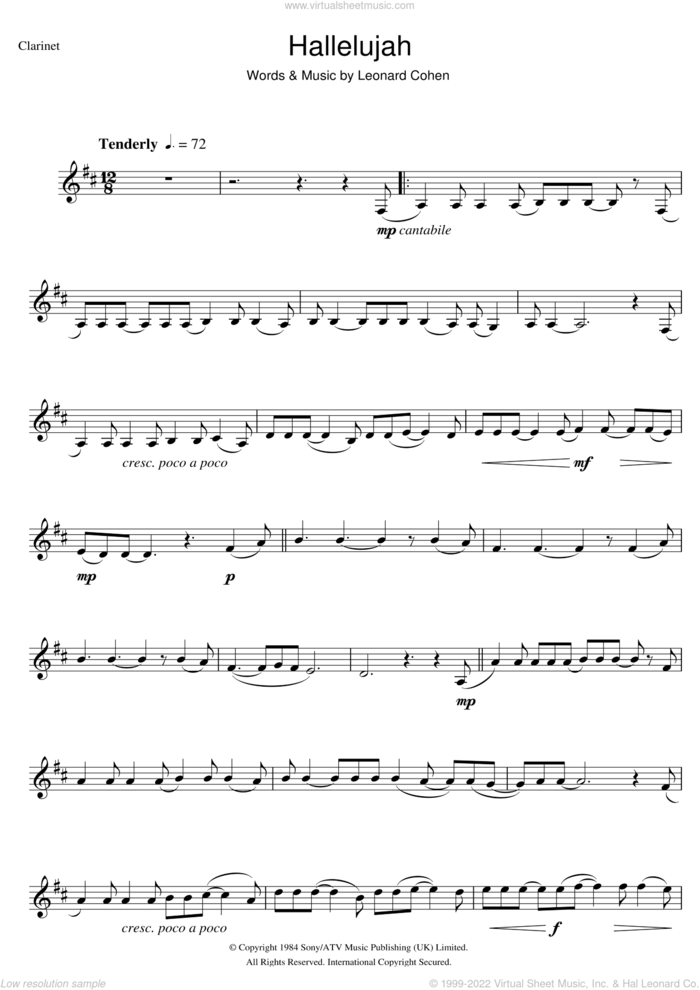 Hallelujah sheet music for clarinet solo by Leonard Cohen, Jeff Buckley, John Cale, k.d. lang and Rufus Wainwright, intermediate skill level