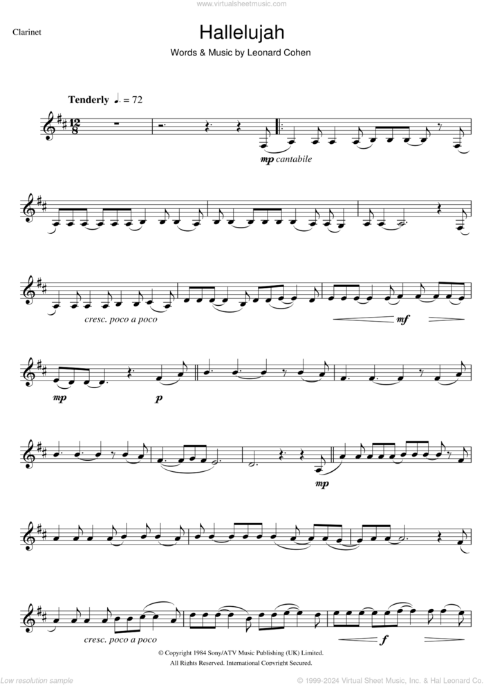 Hallelujah sheet music for clarinet solo by Leonard Cohen, Jeff Buckley, John Cale, k.d. lang and Rufus Wainwright, intermediate skill level