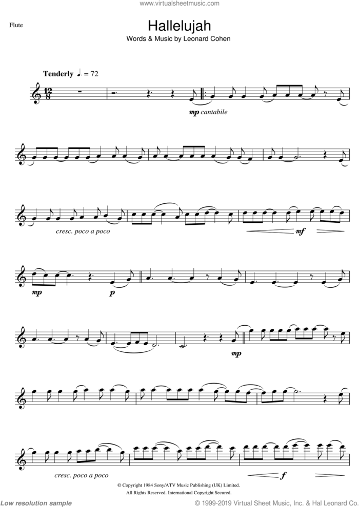 Hallelujah sheet music for flute solo by Rufus Wainwright, Jeff Buckley, John Cale, k.d. lang and Leonard Cohen, intermediate skill level