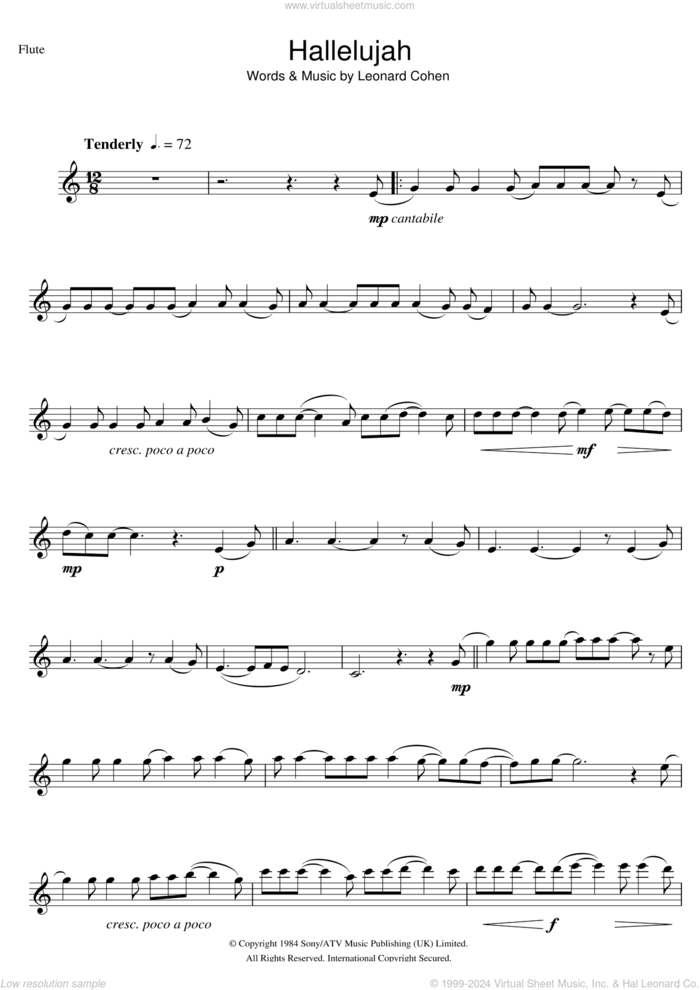 Hallelujah sheet music for flute solo by Rufus Wainwright, Jeff Buckley, John Cale, k.d. lang and Leonard Cohen, intermediate skill level