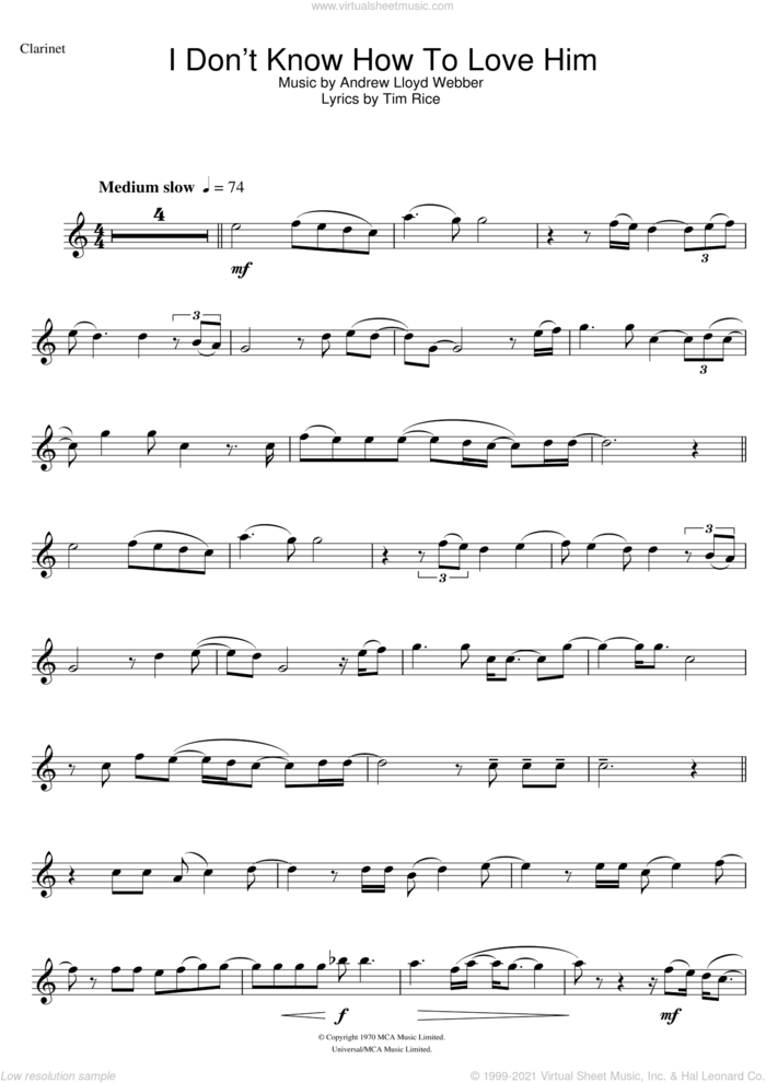 I Don't Know How To Love Him (from Jesus Christ Superstar) sheet music for clarinet solo by Andrew Lloyd Webber and Tim Rice, intermediate skill level