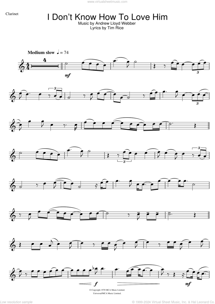 I Don't Know How To Love Him (from Jesus Christ Superstar) sheet music for clarinet solo by Andrew Lloyd Webber and Tim Rice, intermediate skill level