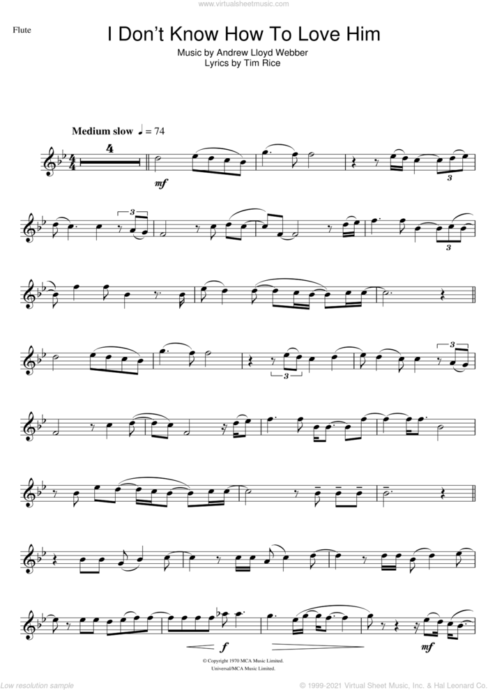 I Don't Know How To Love Him (from Jesus Christ Superstar) sheet music for flute solo by Andrew Lloyd Webber and Tim Rice, intermediate skill level