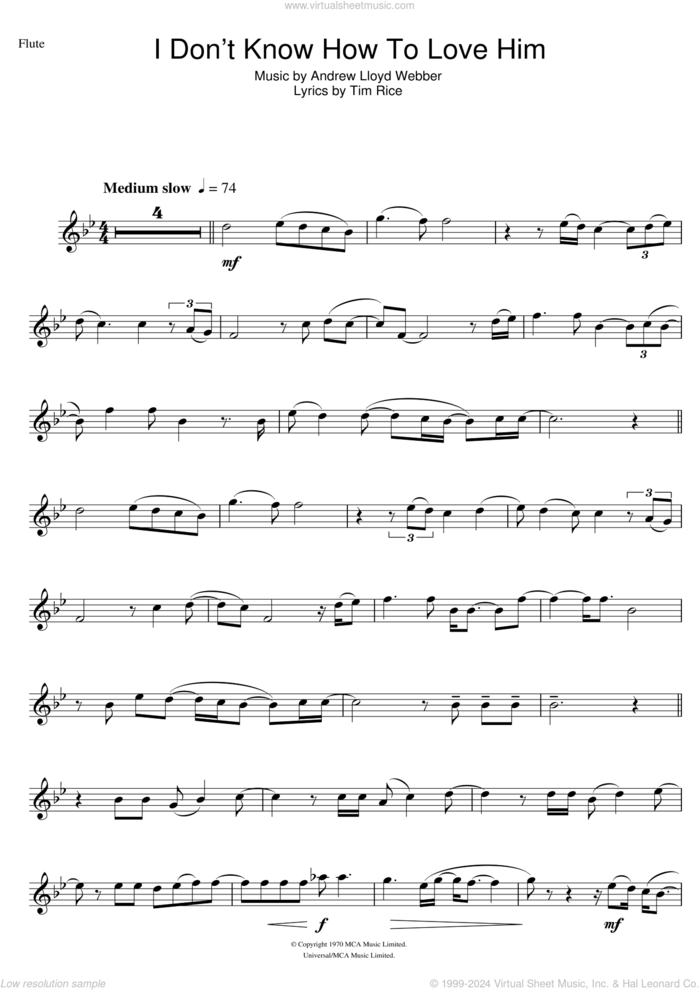 I Don't Know How To Love Him (from Jesus Christ Superstar) sheet music for flute solo by Andrew Lloyd Webber and Tim Rice, intermediate skill level