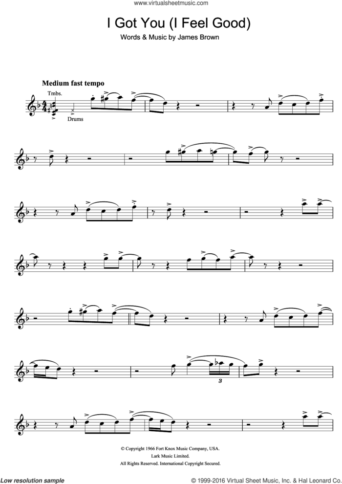 I Got You (I Feel Good) sheet music for tenor saxophone solo by James Brown, intermediate skill level