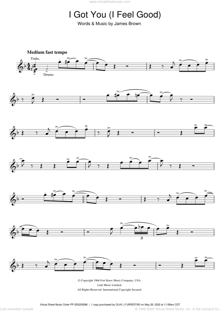 I Got You (I Feel Good) sheet music for tenor saxophone solo by James Brown, intermediate skill level