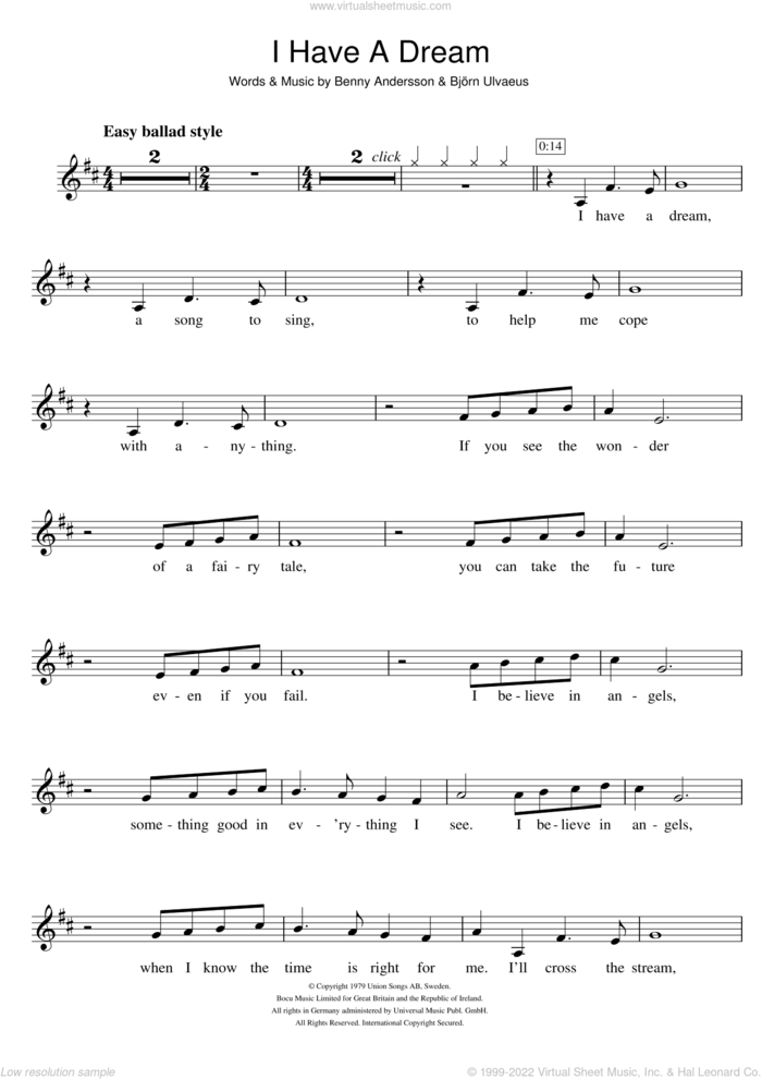 I Have A Dream sheet music for clarinet solo by ABBA, Westlife, Benny Andersson and Bjorn Ulvaeus, intermediate skill level