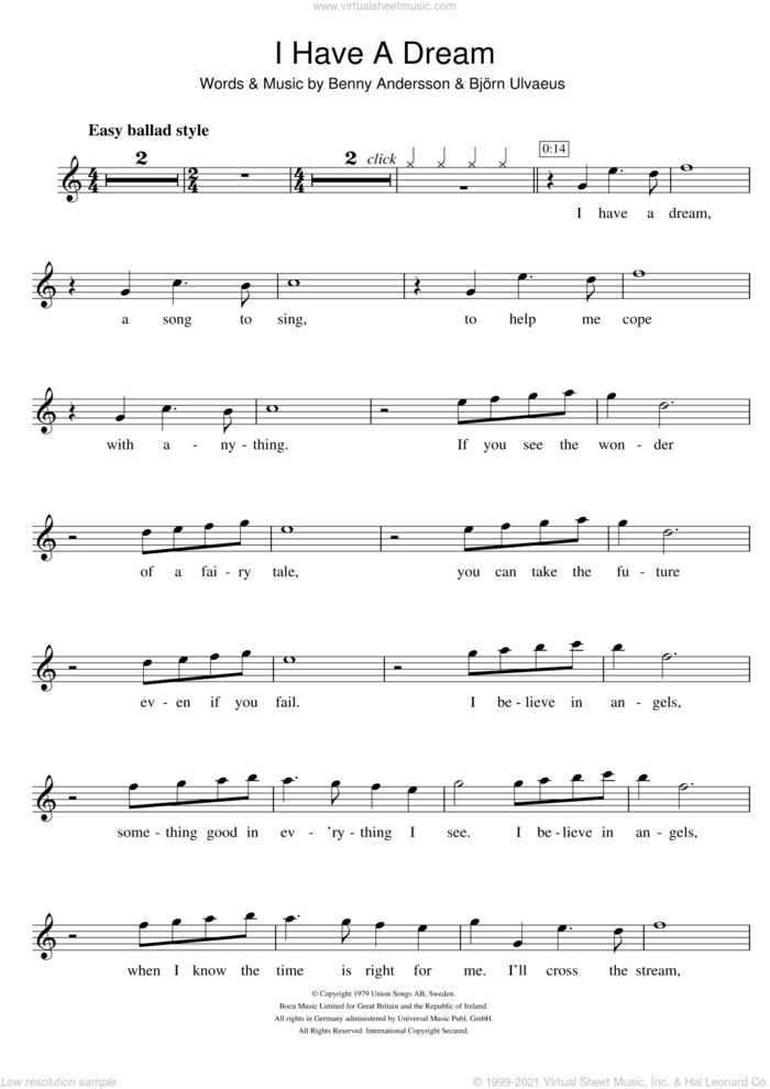 I Have A Dream sheet music for flute solo by ABBA, Westlife, Benny Andersson and Bjorn Ulvaeus, intermediate skill level