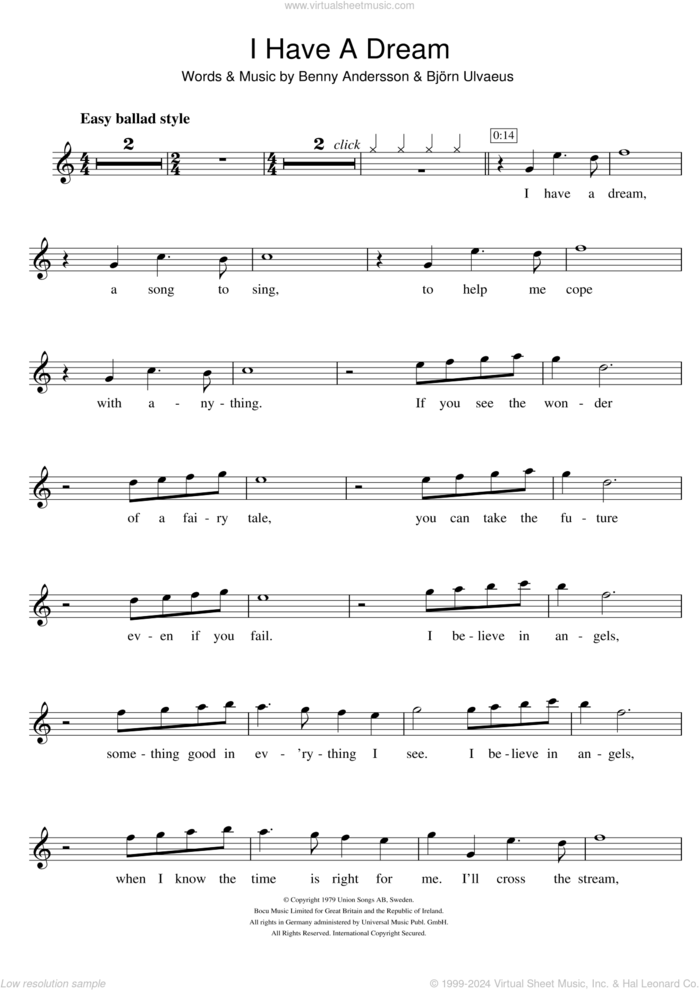 I Have A Dream sheet music for flute solo by ABBA, Westlife, Benny Andersson and Bjorn Ulvaeus, intermediate skill level