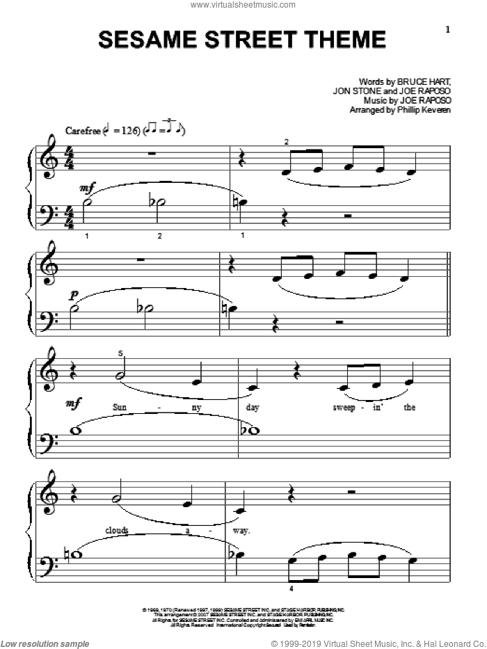 Sesame Street Theme (arr. Phillip Keveren), (beginner) sheet music for piano solo by Joe Raposo, Phillip Keveren, The Muppets, Bruce Hart and Jon Stone, beginner skill level