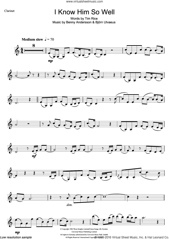I Know Him So Well (from Chess) sheet music for clarinet solo by Elaine Paige, Benny Andersson, Benny Andersson and Tim Rice and Bjorn Ulvaeus, Bjorn Ulvaeus and Tim Rice, intermediate skill level