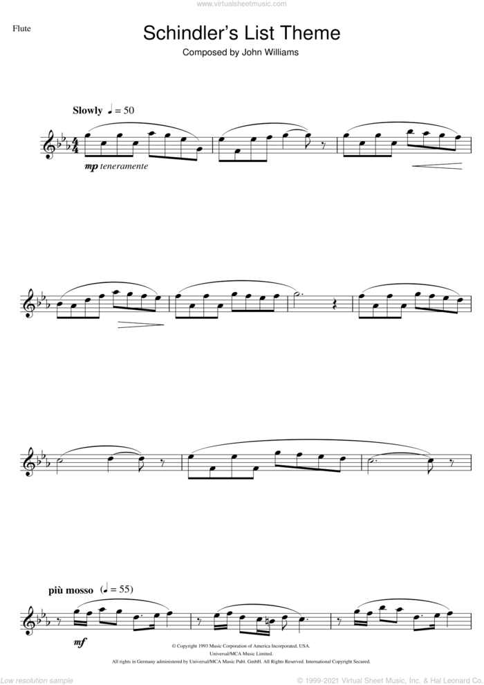 Schindler's List sheet music for flute solo by John Williams, intermediate skill level