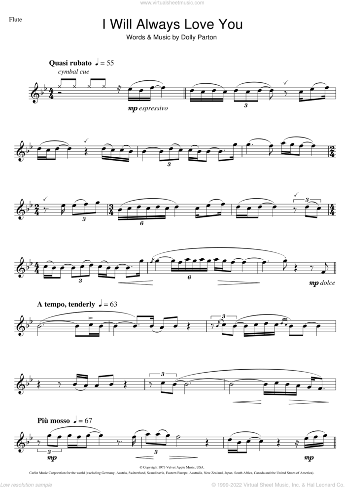 I Will Always Love You sheet music for flute solo by Whitney Houston and Dolly Parton, wedding score, intermediate skill level