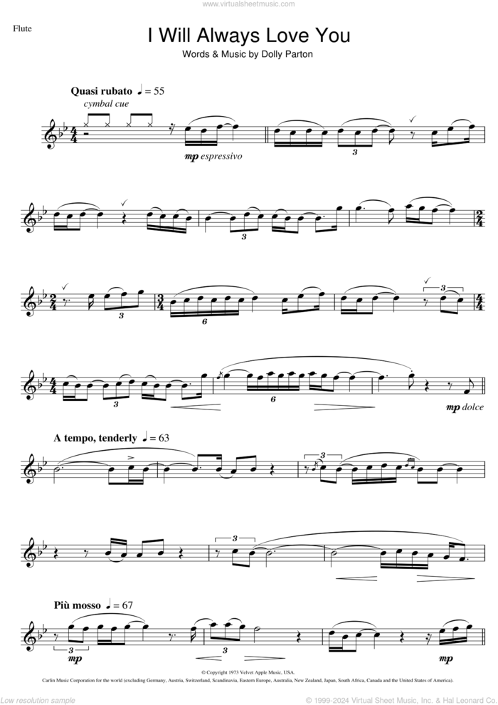 I Will Always Love You sheet music for flute solo by Whitney Houston and Dolly Parton, wedding score, intermediate skill level