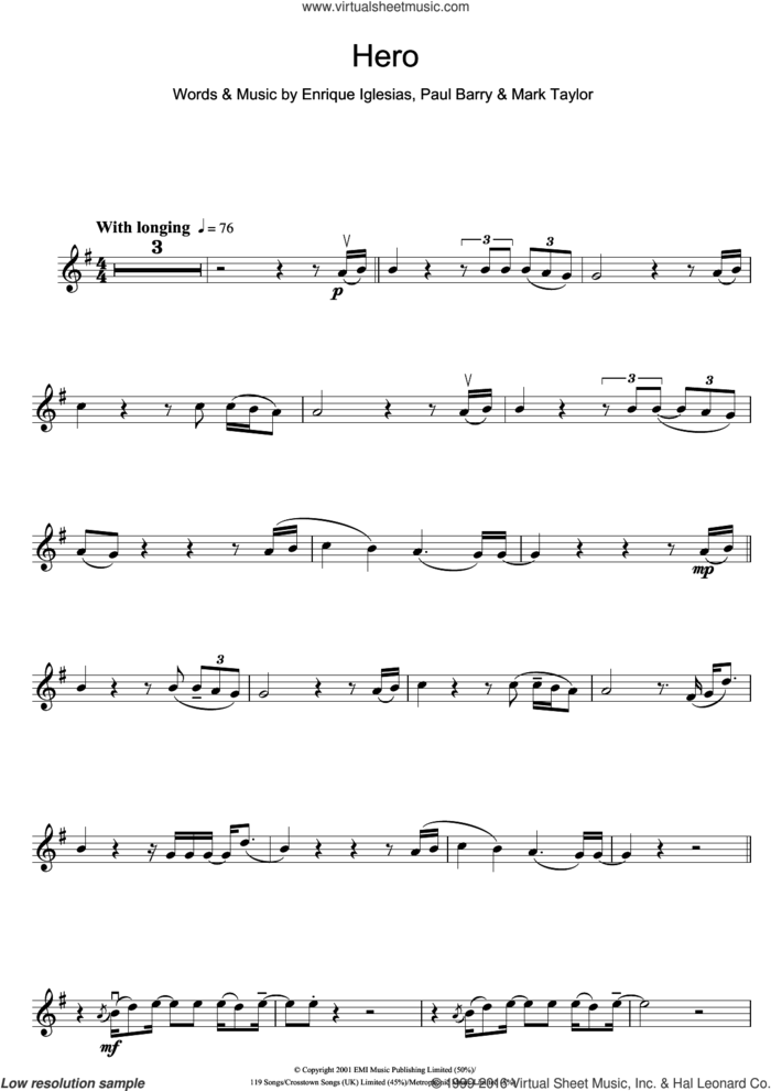 Hero sheet music for violin solo by Enrique Iglesias, Mark Taylor and Paul Barry, intermediate skill level