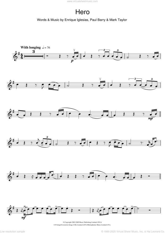 Hero sheet music for violin solo by Enrique Iglesias, Mark Taylor and Paul Barry, intermediate skill level