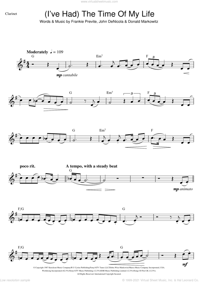 (I've Had) The Time Of My Life sheet music for clarinet solo by Bill Medley, Jennifer Warnes, Donald Markowitz, Frankie Previte and John DeNicola, intermediate skill level
