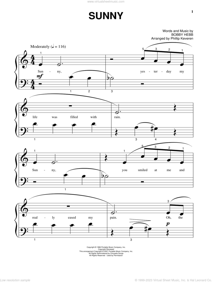 Sunny (arr. Phillip Keveren) sheet music for piano solo (big note book) by Bobby Hebb and Phillip Keveren, easy piano (big note book)