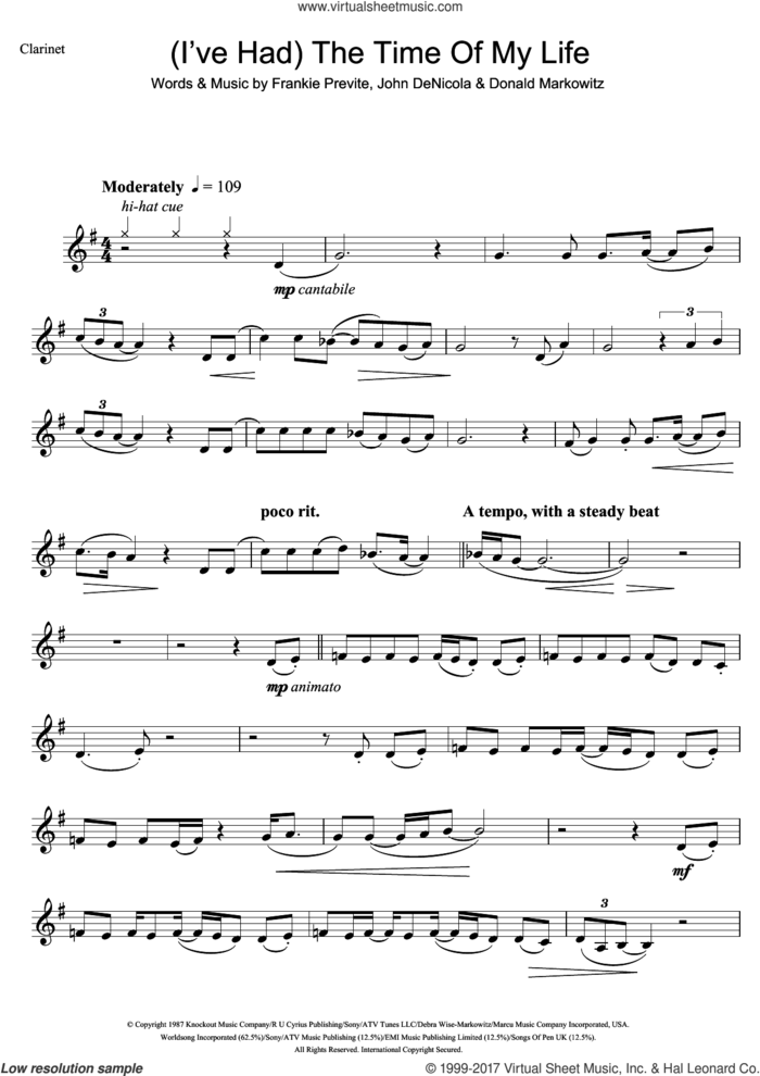 (I've Had) The Time Of My Life sheet music for clarinet solo by Bill Medley, Jennifer Warnes, Donald Markowitz, Frankie Previte and John DeNicola, intermediate skill level