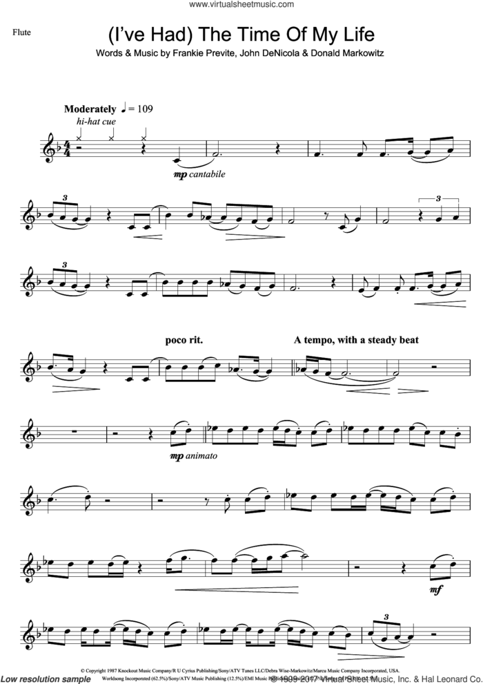 (I've Had) The Time Of My Life sheet music for flute solo by Bill Medley, Jennifer Warnes, Donald Markowitz, Frankie Previte and John DeNicola, intermediate skill level