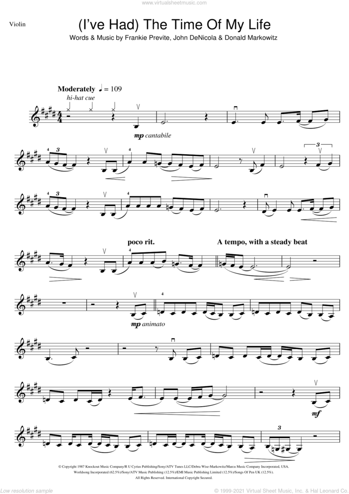 (I've Had) The Time Of My Life sheet music for violin solo by Bill Medley, Jennifer Warnes, Donald Markowitz, Frankie Previte and John DeNicola, intermediate skill level