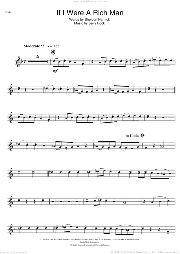 If I Were A Rich Man (from Fiddler On The Roof) sheet music for flute solo by Topol, Jerry Bock and Sheldon Harnick, intermediate skill level