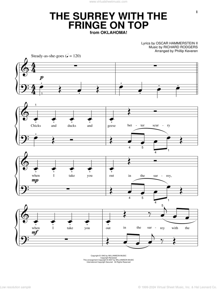 The Surrey With The Fringe On Top (from Oklahoma!) (arr. Phillip Keveren) sheet music for piano solo by Rodgers & Hammerstein, Phillip Keveren, Oklahoma! (Musical), Oscar II Hammerstein and Richard Rodgers, beginner skill level