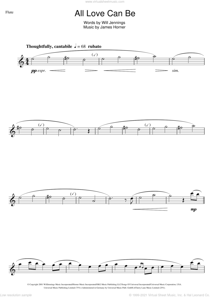 All Love Can Be (from A Beautiful Mind) sheet music for flute solo by James Horner, Charlotte Church and Will Jennings, intermediate skill level