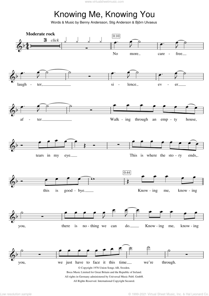 Knowing Me, Knowing You sheet music for violin solo by ABBA, Benny Andersson, Bjorn Ulvaeus and Stig Anderson, intermediate skill level