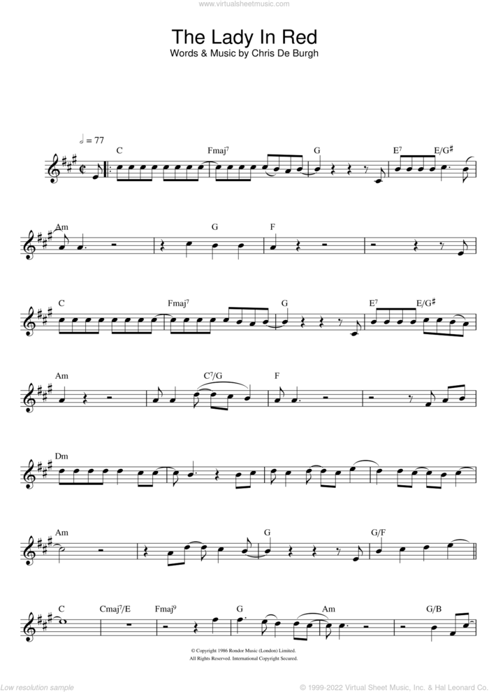 The Lady In Red sheet music for saxophone solo by Chris de Burgh, intermediate skill level