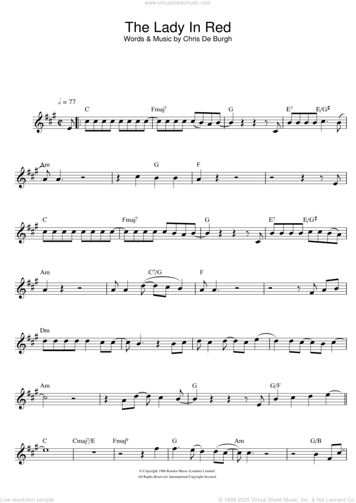 The Lady In Red sheet music for saxophone solo by Chris de Burgh, intermediate skill level