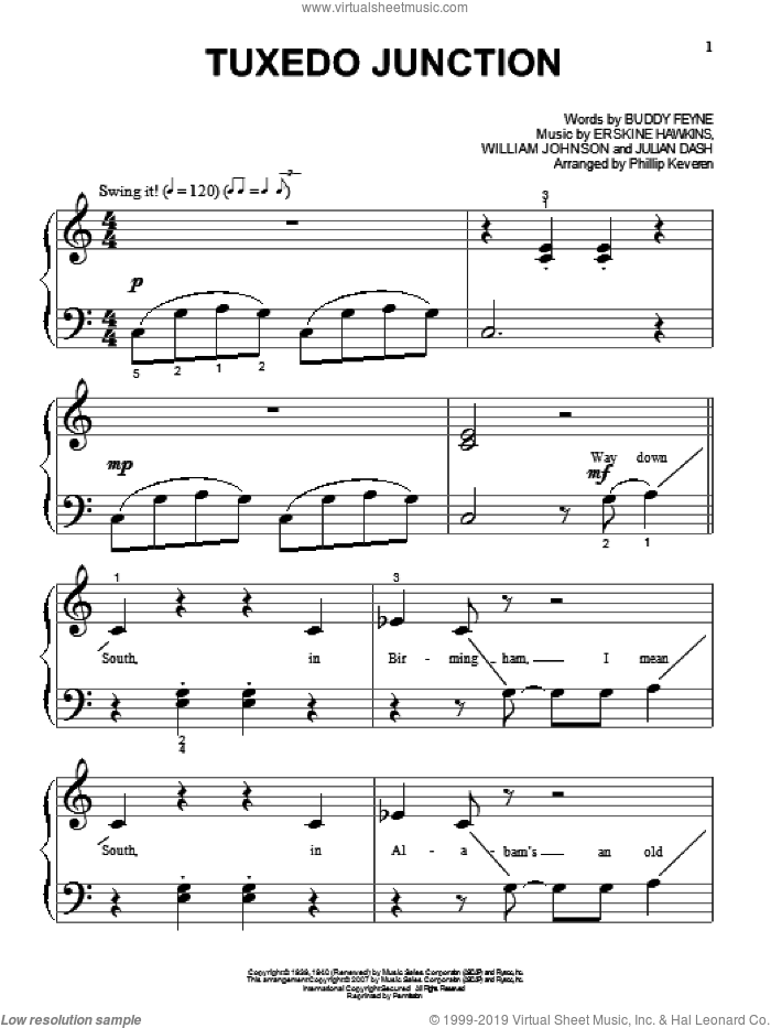 Tuxedo Junction (arr. Phillip Keveren) sheet music for piano solo by Glenn Miller, Phillip Keveren, Buddy Feyne, Erskine Hawkins, Julian Dash and William Johnson, beginner skill level