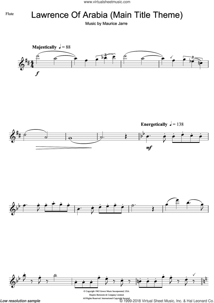 Lawrence Of Arabia (Main Titles) sheet music for flute solo by Maurice Jarre, intermediate skill level