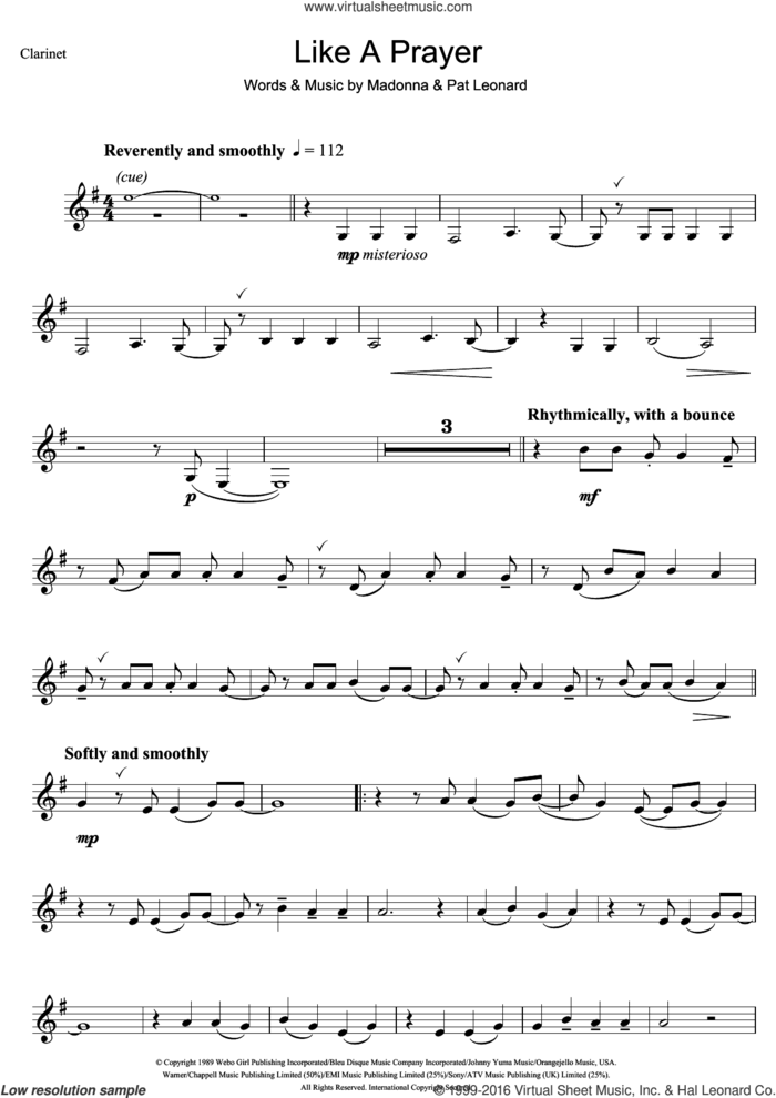 Like A Prayer sheet music for clarinet solo by Madonna and Patrick Leonard, intermediate skill level