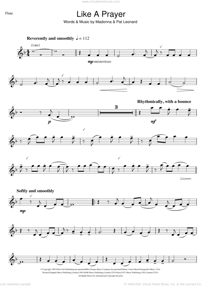Like A Prayer sheet music for flute solo by Madonna and Patrick Leonard, intermediate skill level