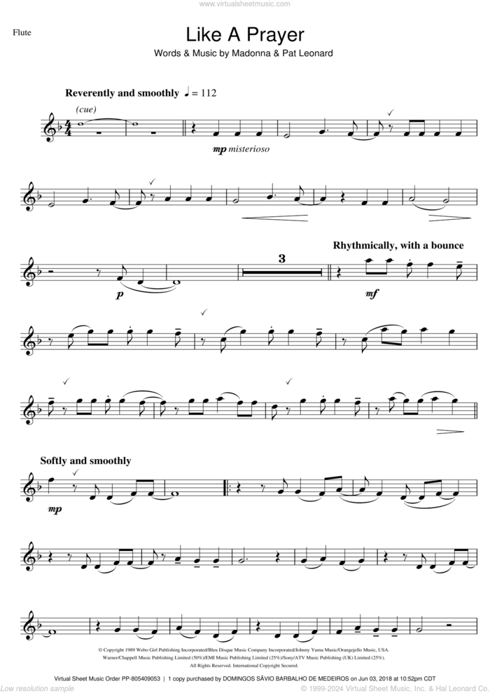 Like A Prayer sheet music for flute solo by Madonna and Patrick Leonard, intermediate skill level