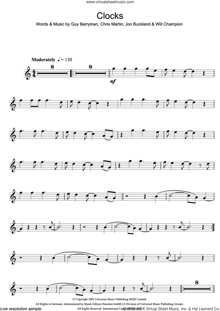 Clocks sheet music for clarinet solo by Coldplay, Chris Martin, Guy Berryman, Jonny Buckland and Will Champion, intermediate skill level