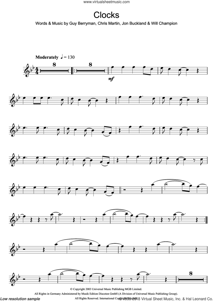 Clocks sheet music for flute solo by Coldplay, Chris Martin, Guy Berryman, Jonny Buckland and Will Champion, intermediate skill level