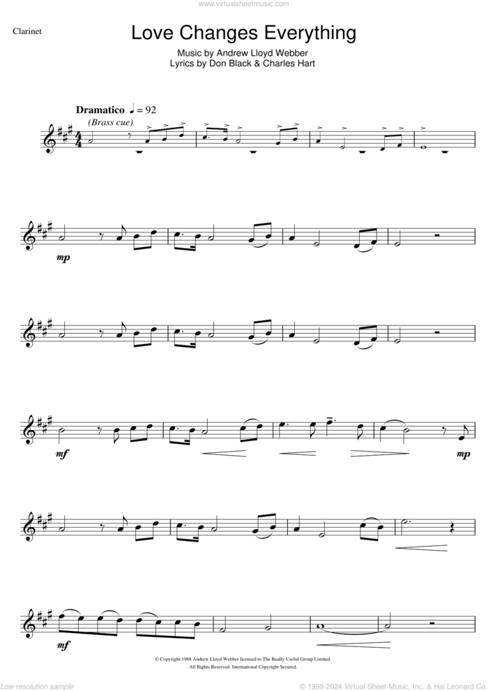 Love Changes Everything (from Aspects Of Love) sheet music for clarinet solo by Andrew Lloyd Webber, Aspects Of Love, Charles Hart and Don Black, intermediate skill level