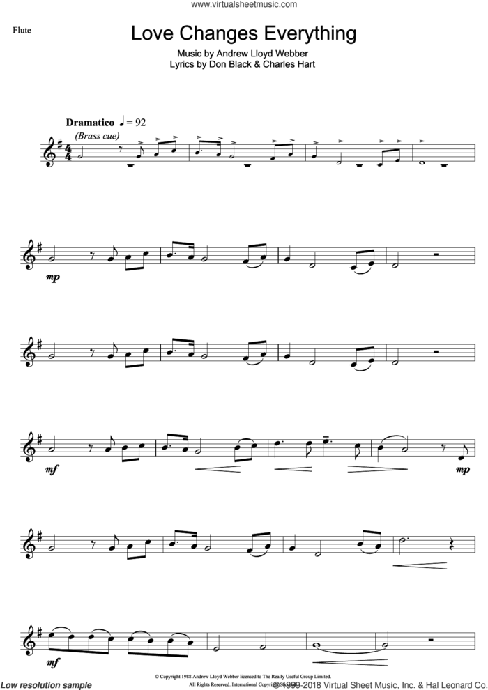 Love Changes Everything (from Aspects of Love) sheet music for flute solo by Andrew Lloyd Webber, Aspects Of Love, Charles Hart and Don Black, intermediate skill level