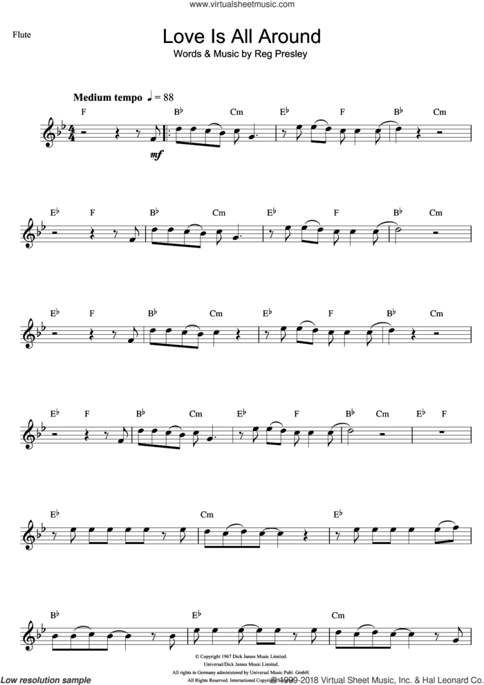 Love Is All Around sheet music for flute solo by Wet Wet Wet, The Troggs and Reg Presley, intermediate skill level